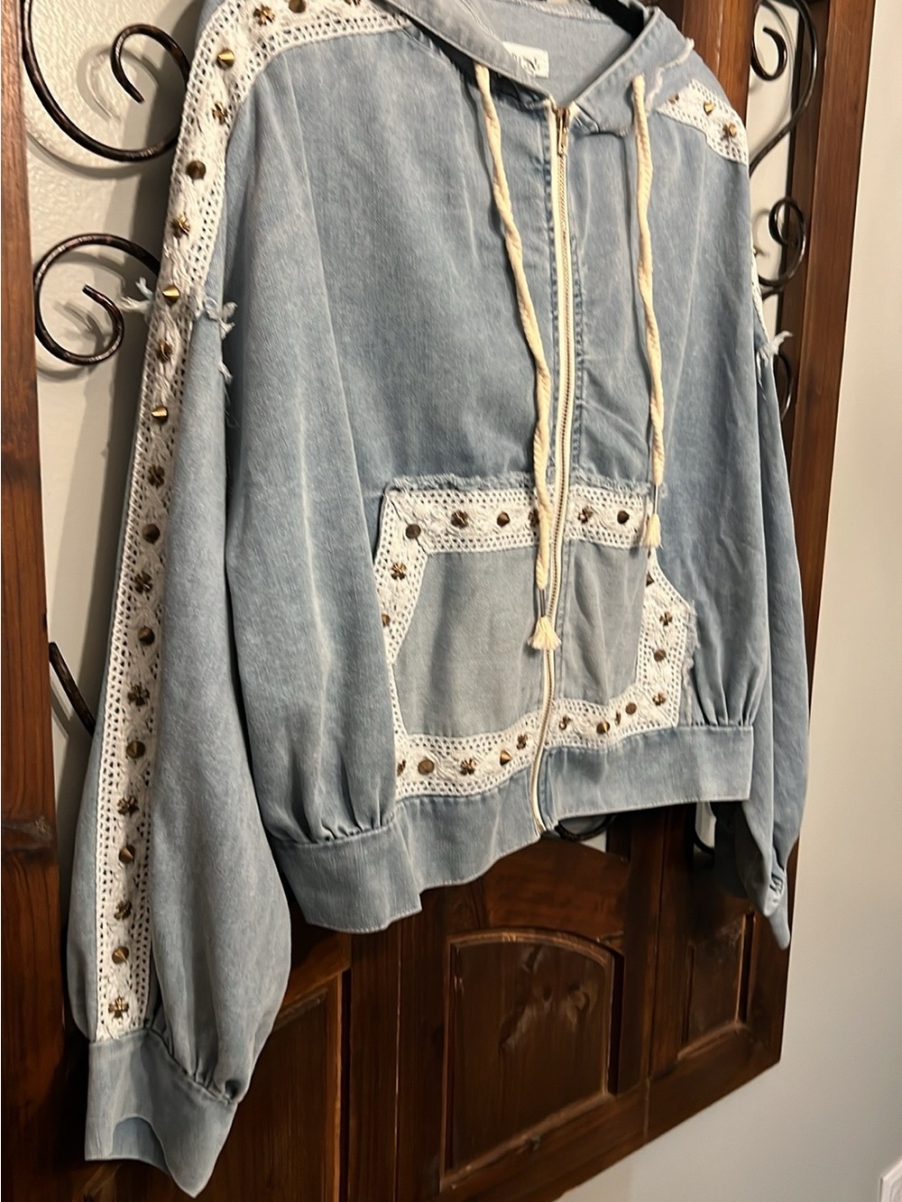 POL Light Blue Crochet-Trim Zip Hoodie Jean Jacket